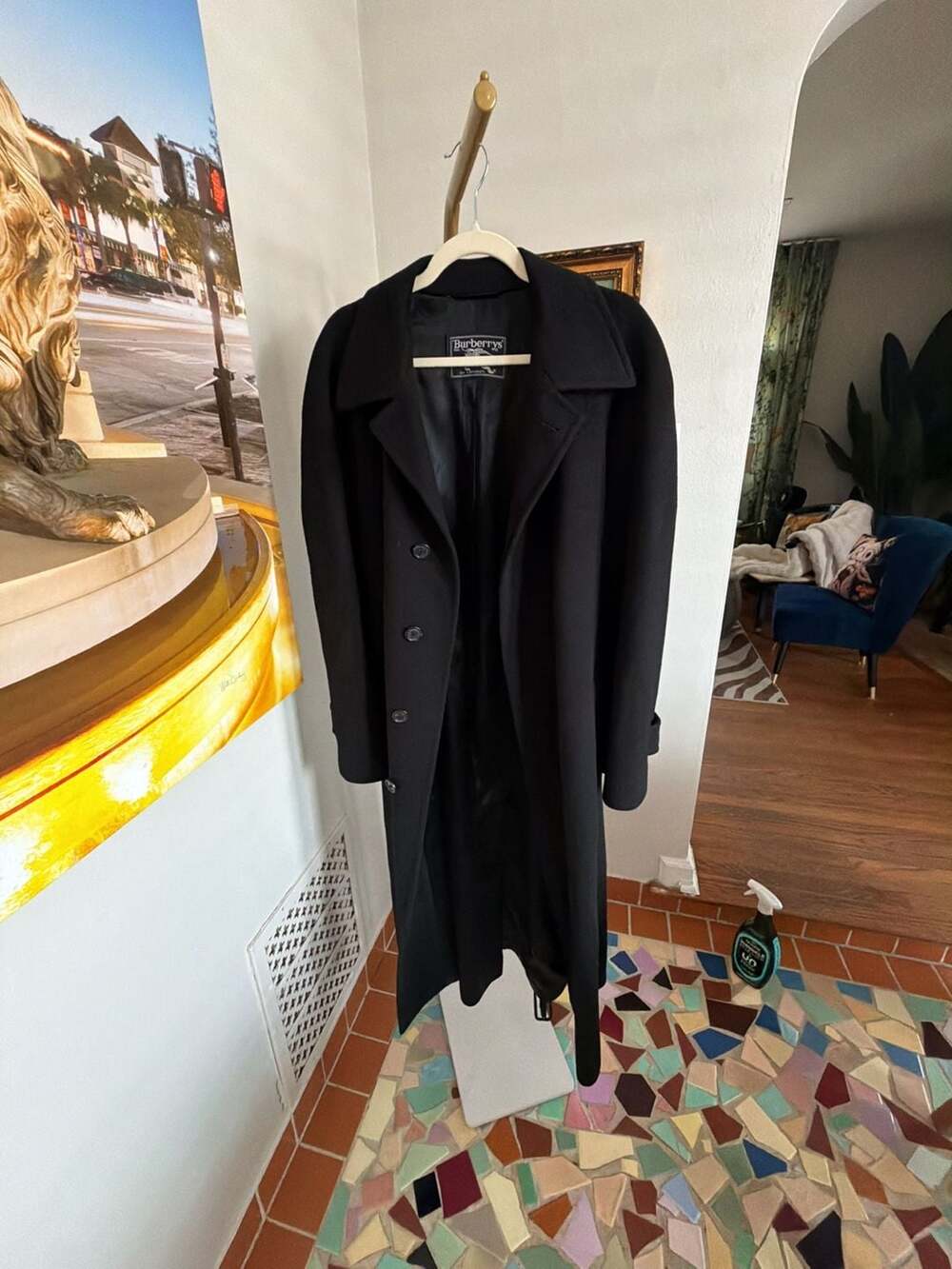 Vintage Burberrys Black Wool Long Trench Overcoat
